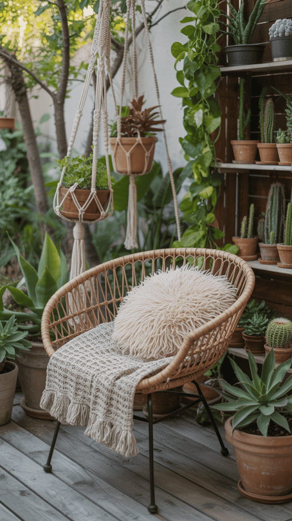 A cozy outdoor boho collection of potted plants including hanging plants, large leafy plants, and various types of succulents, arranged beautifully
