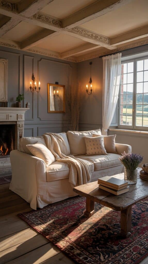 A stylish French farmhouse living room featuring gray accent walls, intricate ceiling details, and a classic fireplace.