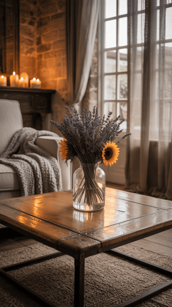 A cozy French farmhouse living room featuring a simple yet elegant coffee table with a wooden top and dark base.