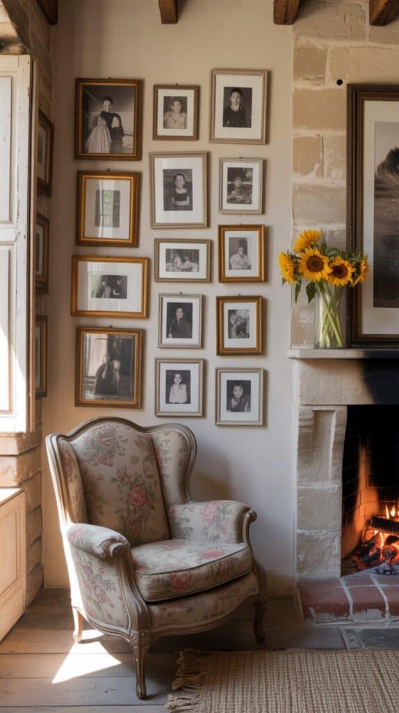 A gallery wall featuring framed black-and-white family photos in a cozy living room setting.