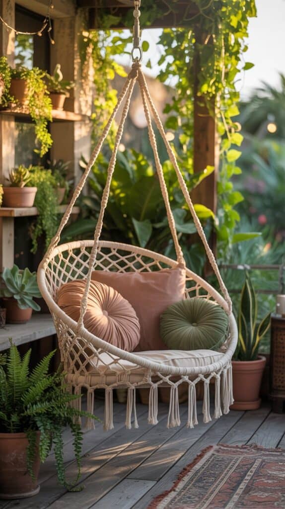 A macrame hanging chair surrounded by green plants