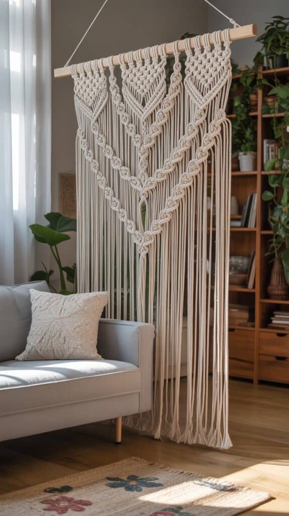 A beautiful macrame wall hanging on a white wall next to a plant and a cozy chair.