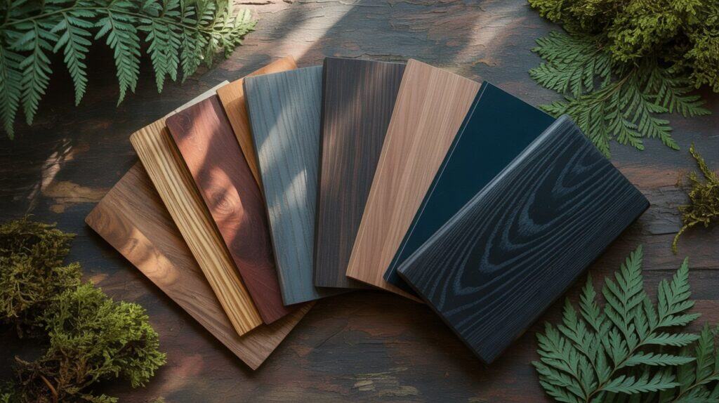Deck stain color samples including cedar, redwood, slate gray, wheat, navy, and ebony displayed outdoors.