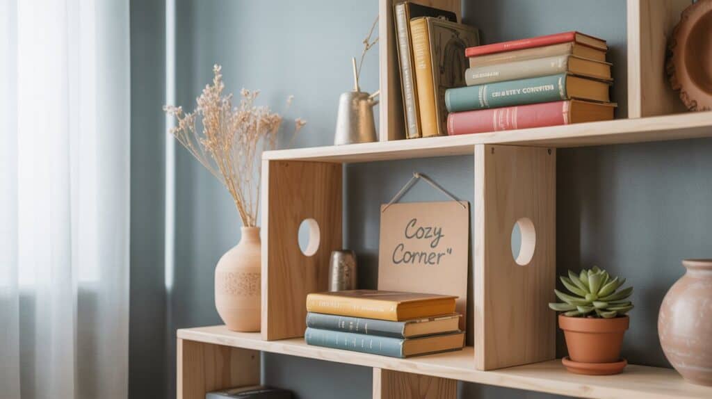 A well-organized and visually appealing arrangement of custom shelving units, featuring a variety of shapes, sizes, and materials. The shelves are set against a neutral-toned wall, creating a harmonious and minimalist backdrop. Warm, diffused lighting from above casts a soft glow, highlighting the intricate textures and unique designs of the shelves. The arrangement showcases a mix of open and closed storage solutions, allowing for personalization and the display of decorative items. The overall composition conveys a sense of modern, customizable living in a small space, reflecting the "Innovative DIY Hacks for Personalised Decor" theme.