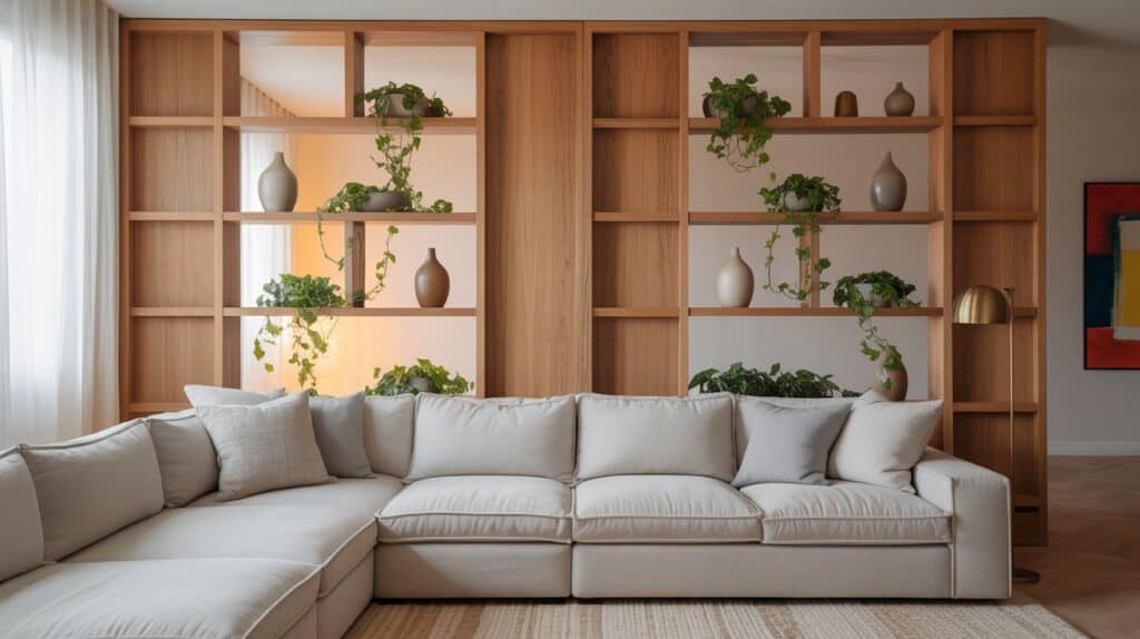 A cozy and stylish living room with a beautiful furniture room divider serving as the focal point. The divider is crafted from natural wood and features clean, minimalist lines, with delicate shelves and openings that allow light to flow through. In the foreground, plush seating and soft textiles create an inviting atmosphere, while potted plants and artwork on the walls add pops of color and character. The room is softly lit, with warm, ambient lighting from a pair of stylish floor lamps, casting a gentle glow over the space. The overall mood is one of relaxation and sophisticated charm, showcasing how a thoughtfully designed furniture piece can effortlessly divide a living area without the need for a permanent wall.