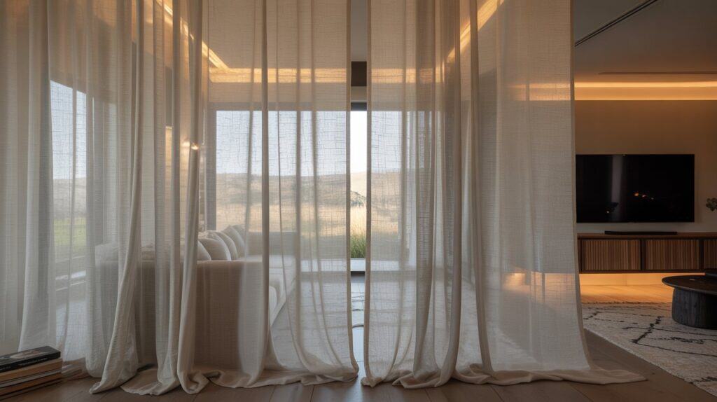A lush, detailed fabric texture of room dividing curtains, capturing the rich, intricate patterns and subtle sheen of the material. The curtains hang in a soft, elegant drape, casting gentle shadows that create a sense of depth and dimension. The lighting is warm and diffused, imbuing the scene with a cozy, inviting atmosphere. The camera angle is slightly elevated, allowing the viewer to appreciate the full, luxurious texture of the fabric. This image evokes the versatility and visual appeal of room dividing curtains, hinting at their ability to seamlessly partition a living space while enhancing the overall aesthetic.