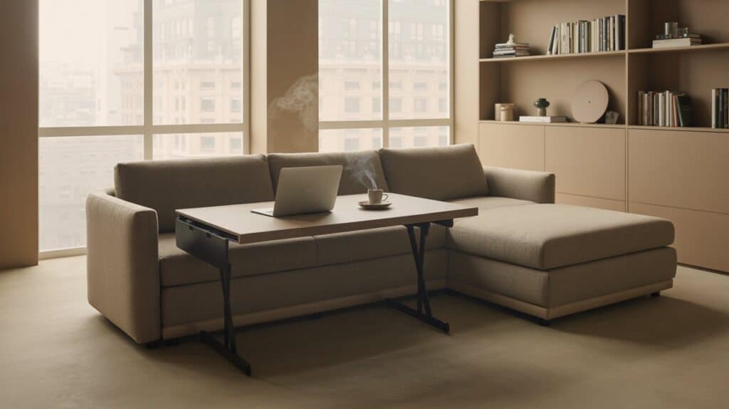 An interior with a multifunctional L-shaped sofa that doubles as a daybed, a retractable table that can be extended for dining or work, and a shelving unit with hidden storage compartments. The scene is bathed in warm, natural lighting from large windows, creating a cozy and inviting atmosphere. The furniture pieces are minimalist in design, with clean lines and neutral tones that complement the muted color palette of the room. The overall layout emphasizes efficient use of space, showcasing creative solutions for maximizing functionality in a small apartment.