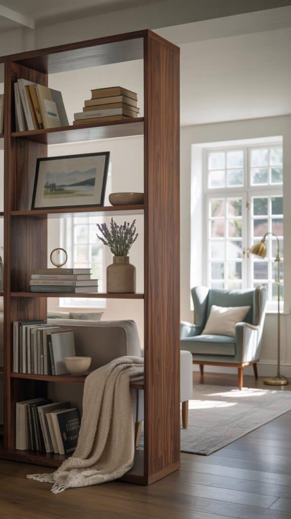 A stylish, open-back bookcase elegantly divides a spacious UK living room, creating two defined zones without closing off the space. The shelves are thoughtfully styled with stacked books, framed art, vases, and cozy accents, adding both function and flair. A plush accent chair with a soft throw sits beside the divider, inviting quiet reading or conversation in this beautifully zoned area.