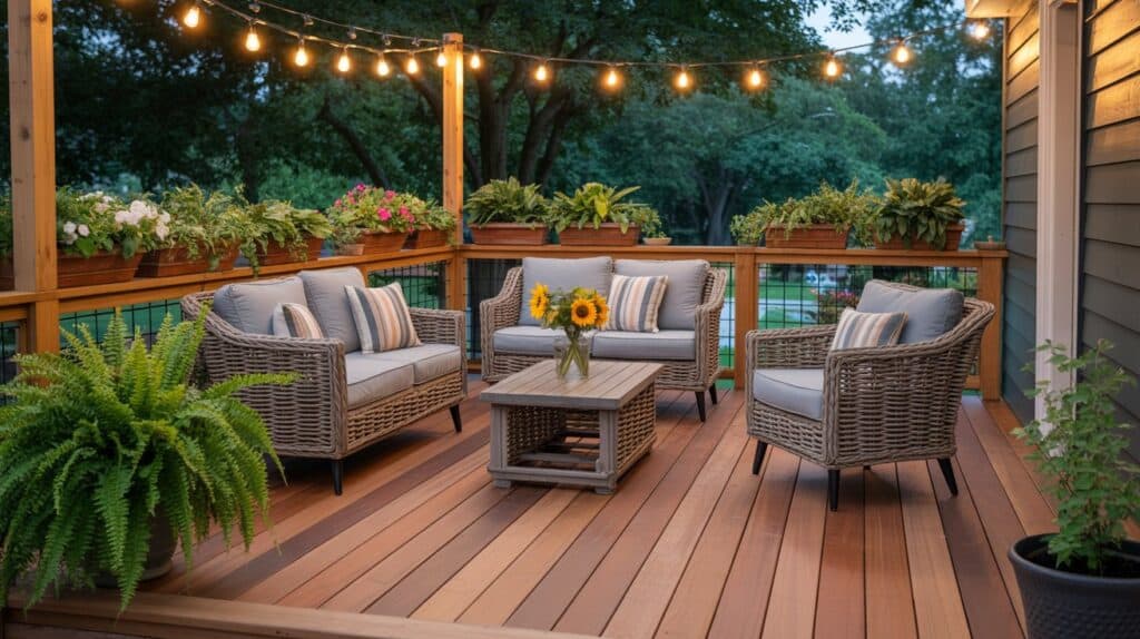 Finished deck with rich wood stain, outdoor furniture, and string lights creating a cozy backyard retreat.