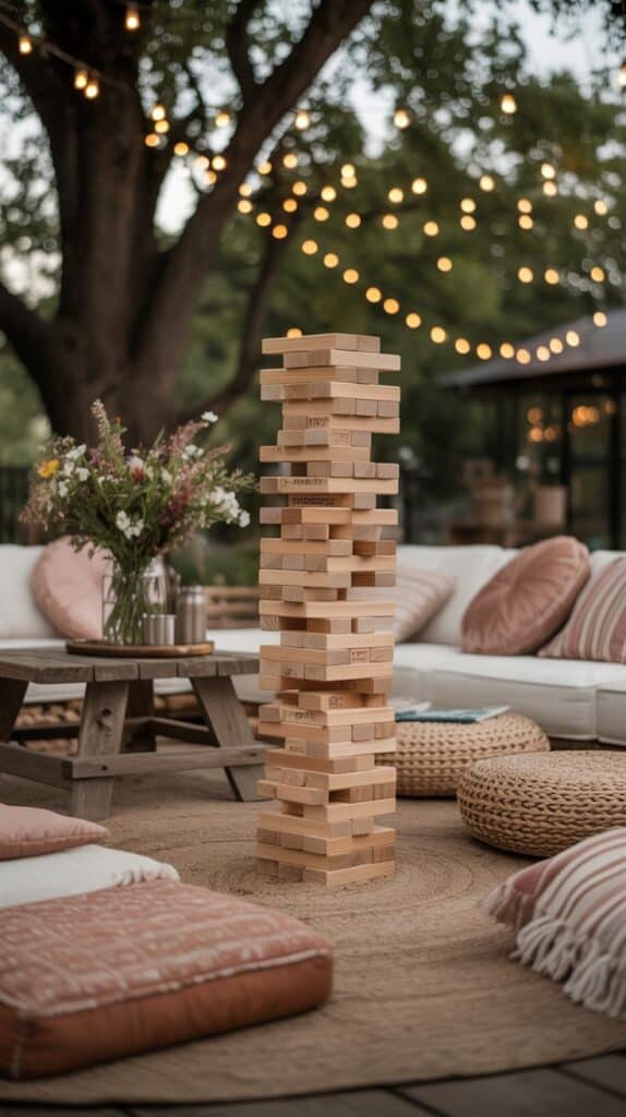 An outdoor garden game area featuring a tall stack of wooden blocks for Jenga, surrounded by cozy seating and playful decorations.