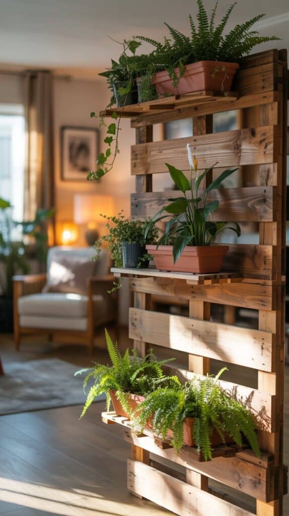 Wooden pallet room divider with potted plants