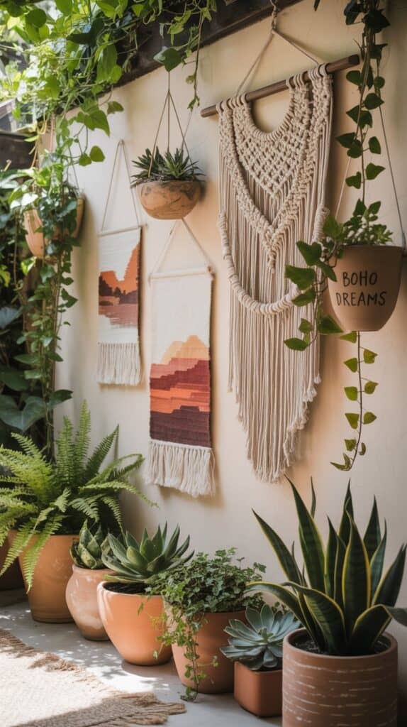 A collection of artistic wall hangings including macramé and woven decor, surrounded by potted plants in a boho outdoor space.