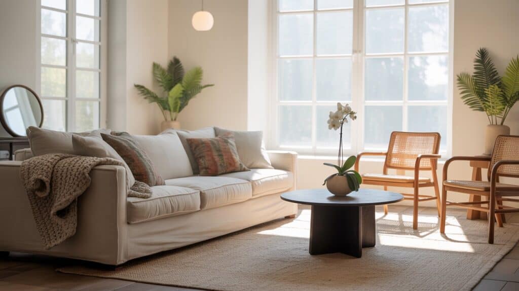 A cozy, sun-drenched living room with minimalist, light-colored decor. Bright white walls reflect natural light, creating an illusion of spaciousness. Soft, neutral-toned furniture - a plush linen sofa, a wooden coffee table, and a pair of armchairs - arrange in a harmonious layout. Strategically placed mirrors on the walls amplify the sense of depth, while potted plants and a delicate, sheer curtain add pops of greenery. The overall mood is calming and airy, evoking a serene, relaxing atmosphere perfect for unwinding. Soft, diffused lighting from discreet sconces and a central pendant fixture gently illuminates the space.