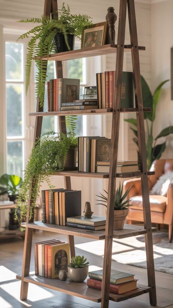 A wooden ladder shelf filled with books and plants, creating a stylish room divider.
