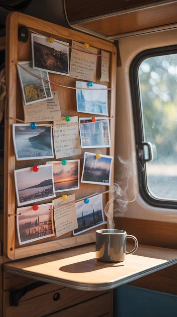 Cozy camper interior featuring a pinboard with travel photos and notes.