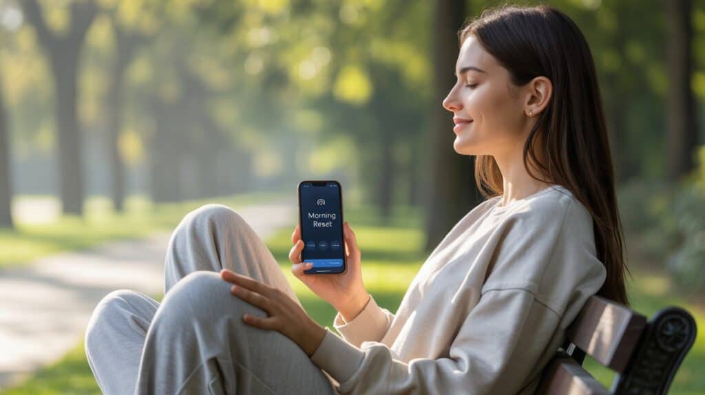 A photograph of a young woman sitting on a park bench, eyes closed, a peaceful smile gracing her lips. She’s wearing comfortable grey sweatpants and a loose-fitting cream sweater, holding a smartphone displaying the words "Morning Reset" on a meditation app. Soft sunlight filters through the surrounding trees, dappling the ground and casting a warm glow on her face. In the background, a blurred path winds through a lush green park, creating a tranquil and calming atmosphere.