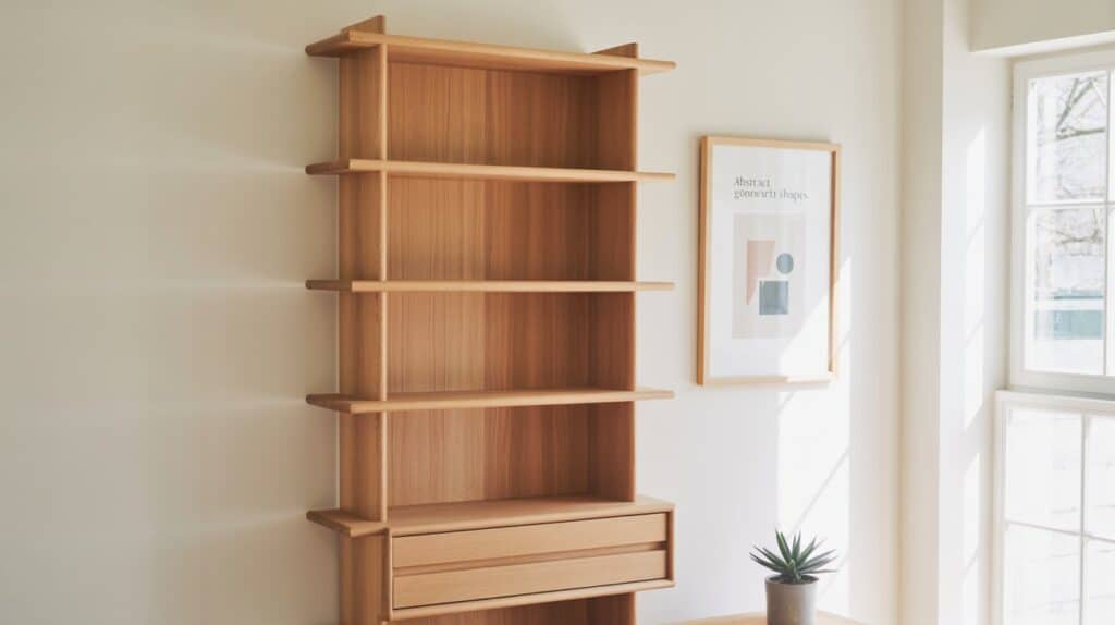 An elegant, minimalist vertical storage unit featuring a sleek, modern design. The unit is made of natural wood with clean, straight lines and a balanced, symmetrical arrangement of shelves and compartments. It stands tall, spanning the full height of the room, with a tall, slender profile that maximizes the available vertical space. Soft, indirect lighting from recessed fixtures above casts a warm, inviting glow across the wood's natural grain. The unit is positioned in a bright, airy room with large windows, allowing natural light to fill the space and create a sense of openness and tranquility. The overall atmosphere is one of sophisticated simplicity, perfectly suited for a small apartment seeking to make the most of its vertical dimensions.