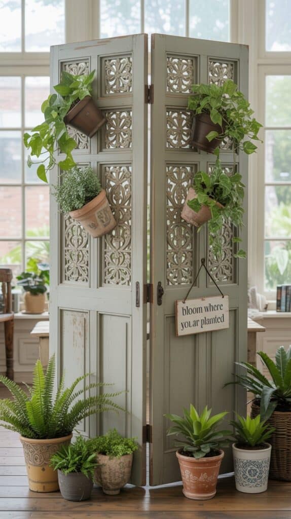 An upcycled door with hanging plants, used as a room divider, surrounded by potted plants.