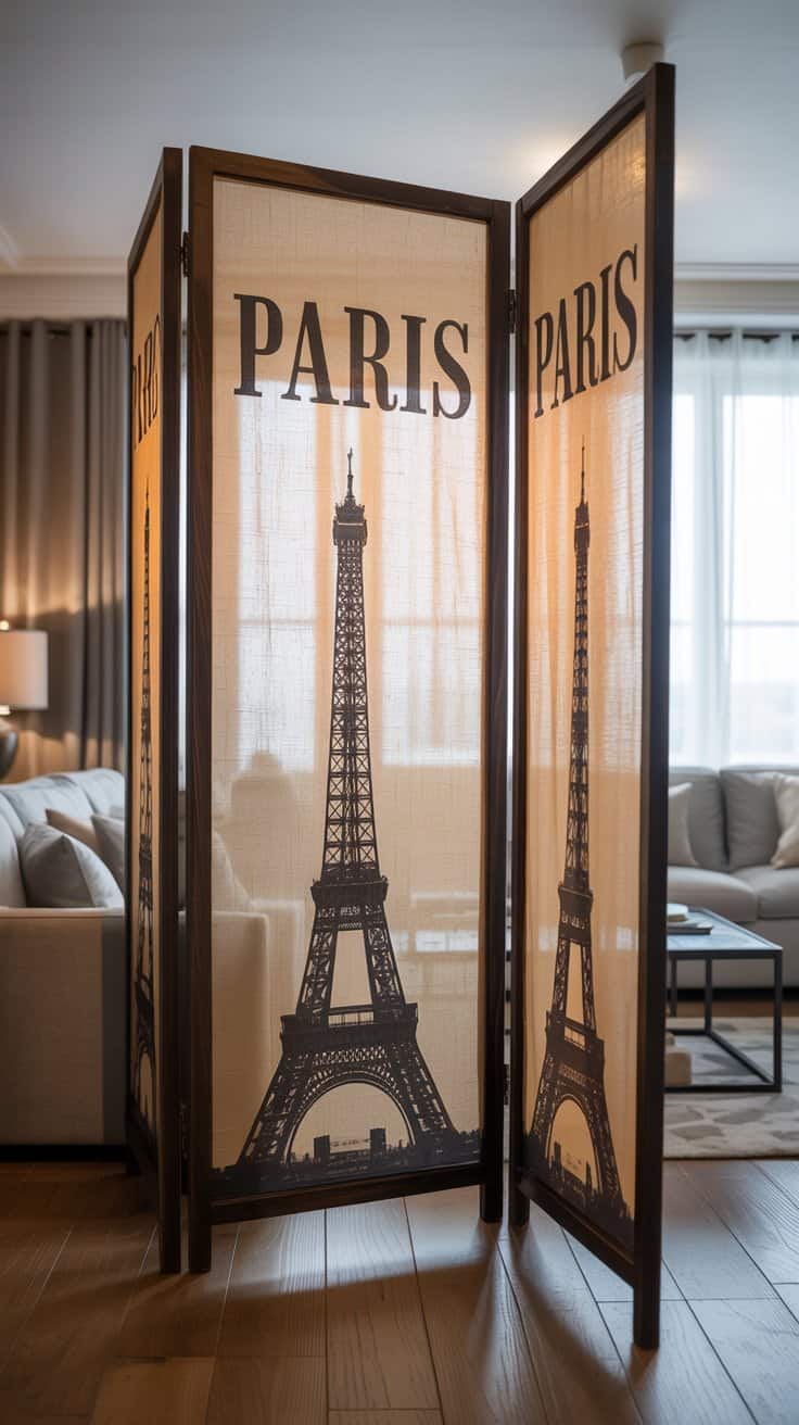 Framed fabric art panels in a living room, featuring text and an image of the Eiffel Tower.