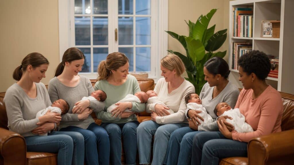 A warm indoor scene of seven caucasian women sitting on brown leather couches and chairs, each holding and nursing newborn babies wrapped in white blankets. The setting is a living room with beige walls and a large window with white trim visible in the background. A white bookshelf with multiple shelves is positioned against the wall. A large green potted plant sits in the corner near the window. The women are wearing casual attire including jeans, sweaters, and comfortable clothing in colors of gray, mint green, white, and coral. The babies are lying on light-colored pillows and blankets on the floor. The room has warm lighting and a cozy atmosphere. The couches are arranged in a semi-circle formation, with some women sitting on the floor near the couches. The scene is captured from a slightly elevated angle, showing the complete arrangement of the group and their babies.