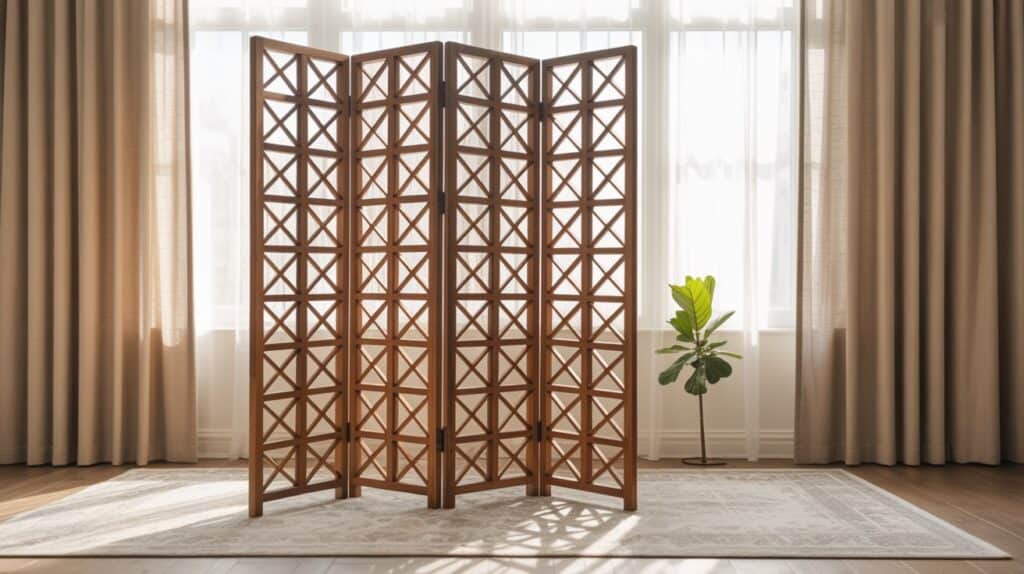 A chic and modern freestanding screen room divider, crafted from sleek wooden panels with intricate geometric patterns, stands elegantly in a sun-dappled living room. Soft, diffused lighting filters through sheer curtains, casting a warm, inviting glow. The screen's clean lines and minimalist design seamlessly blend function and aesthetics, effortlessly separating the space without overwhelming the airy, open atmosphere. Positioned at an angle, the screen creates a sense of visual interest and flow, guiding the eye through the room. Lush potted plants and a plush area rug complete the cozy, nature-inspired ambiance, making this freestanding screen a versatile and stylish solution to divide the living space.