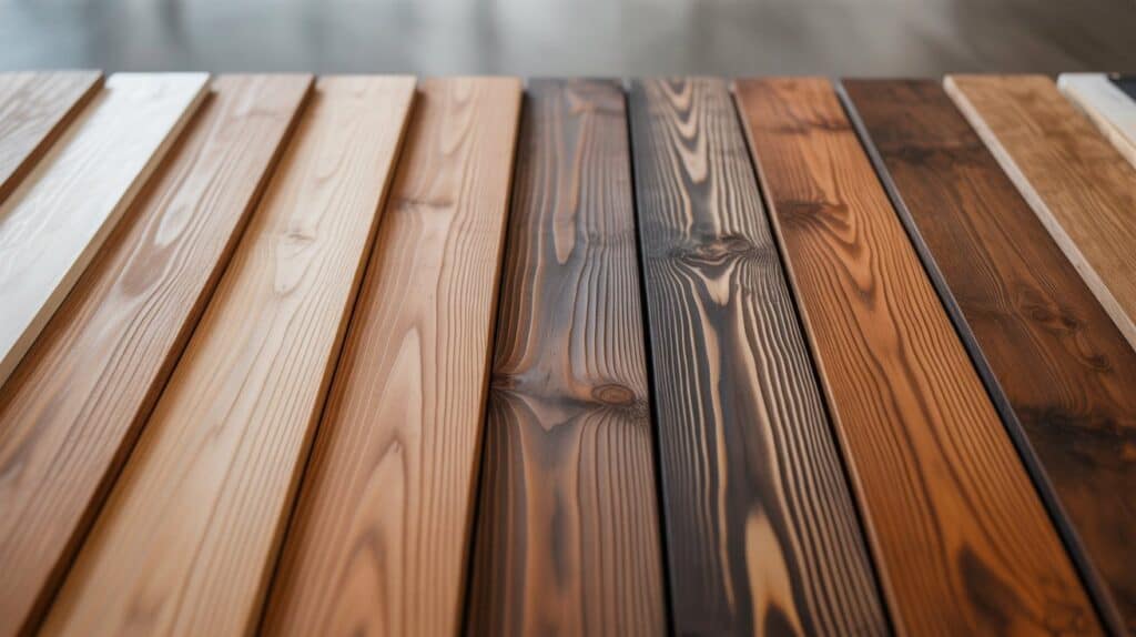 Deck planks with clear, semi-transparent, and solid stain finishes side by side for easy comparison.