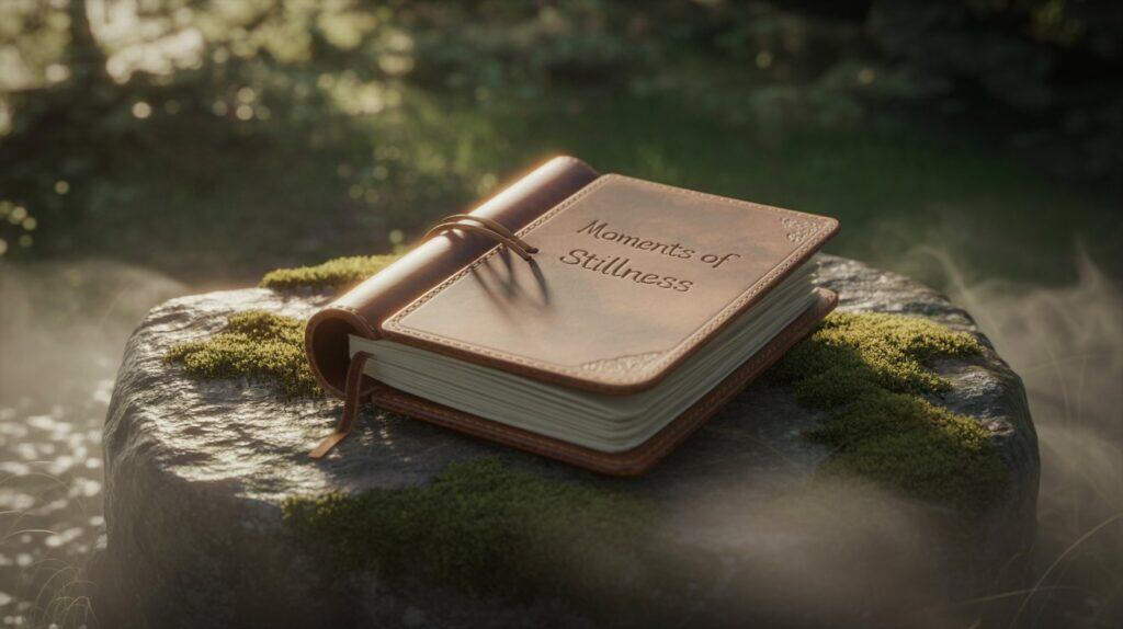 A serene digital painting depicting a single, aged leather-bound journal resting on a mossy stone in a sun-dappled forest clearing. The journal is slightly open, revealing blank pages with the embossed inscription "Moments of Stillness" on the cover. Sunlight filters through the trees, casting soft shadows and highlighting the texture of the leather and moss, evoking a sense of quiet contemplation and reconnection with nature. Wisps of fog curl around the base of the stone, adding an ethereal touch to the scene, suggesting a retreat from the noise of modern life.