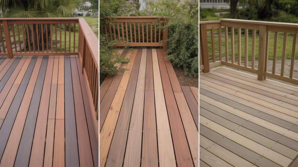 Comparison of redwood, cedar, and pressure-treated pine decks showing different wood grains and stain absorption qualities.