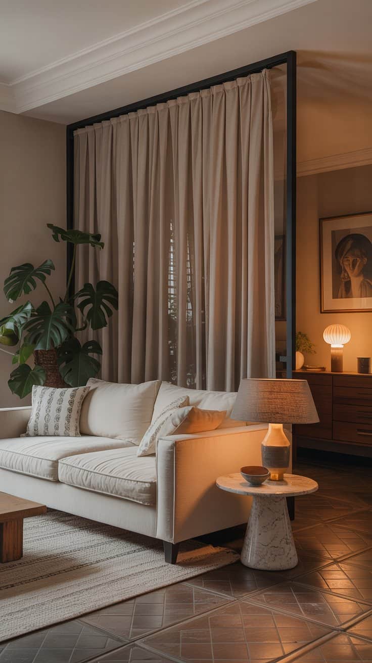 A soft fabric panel divider in a cozy living space, showcasing a stylish and elegant design.