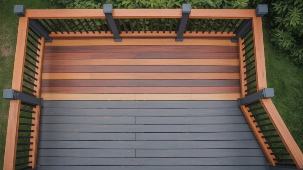 Two-tone deck stain with dark espresso border and honey oak center planks for bold contrast.