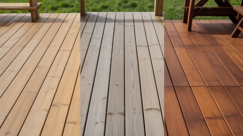 Three deck planks showing clear, semi-transparent, and solid stain options with different coverage levels.
