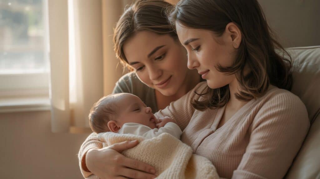 Friend or family member helping new mom by holding baby - support system