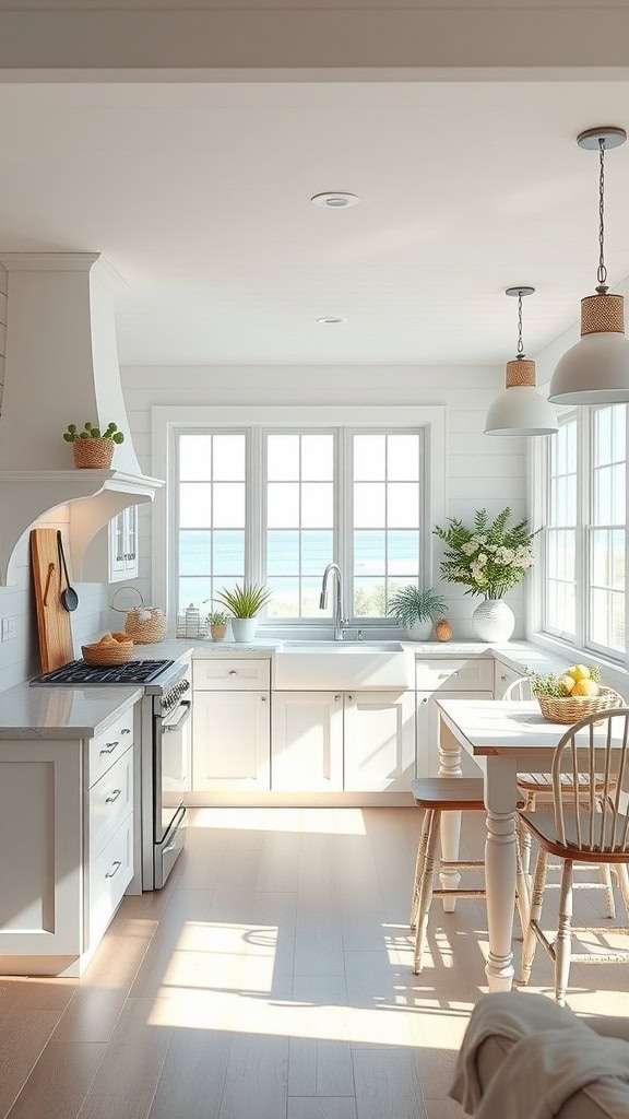 Bright coastal kitchen with large windows, white cabinetry, and a view of the water.