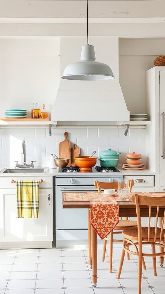Bright and colorful kitchen with teal and orange cookware and accessories.