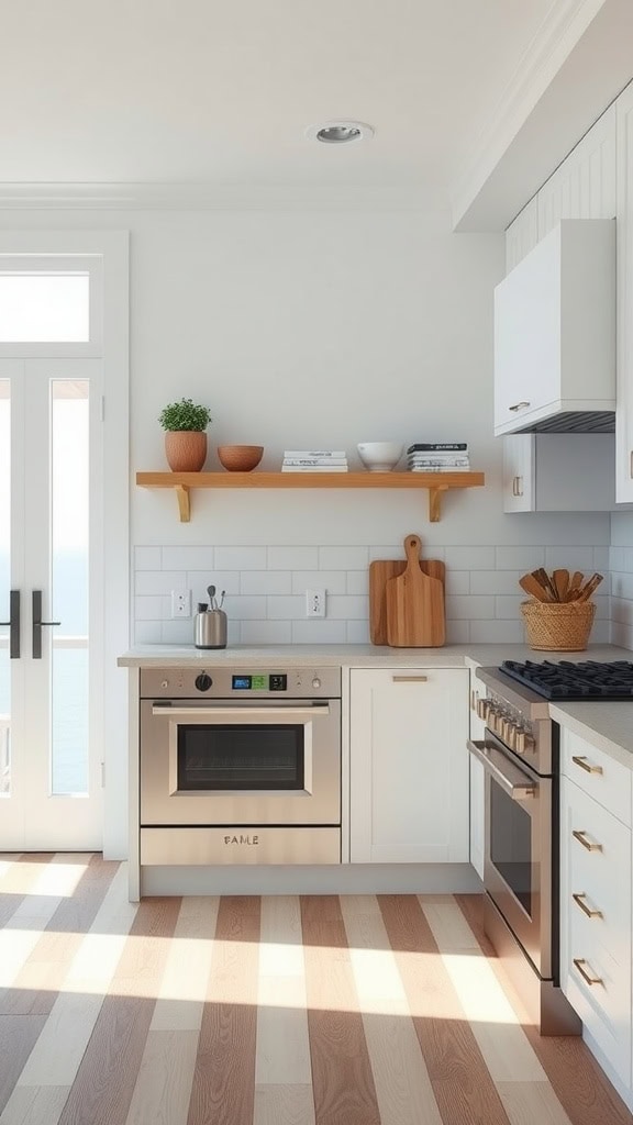 A modern coastal kitchen featuring stainless steel appliances, white cabinetry, and a view of the ocean.