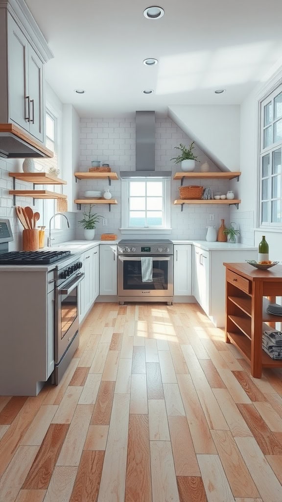 Light wood flooring in a bright coastal kitchen with white cabinets and open shelves.