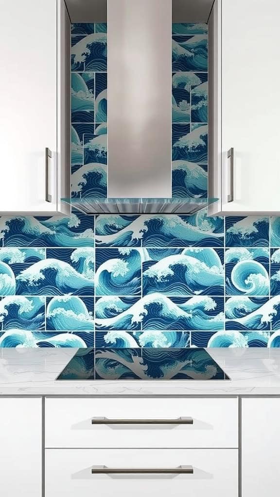 A striking coastal backsplash featuring blue and white wave patterns behind a kitchen countertop.