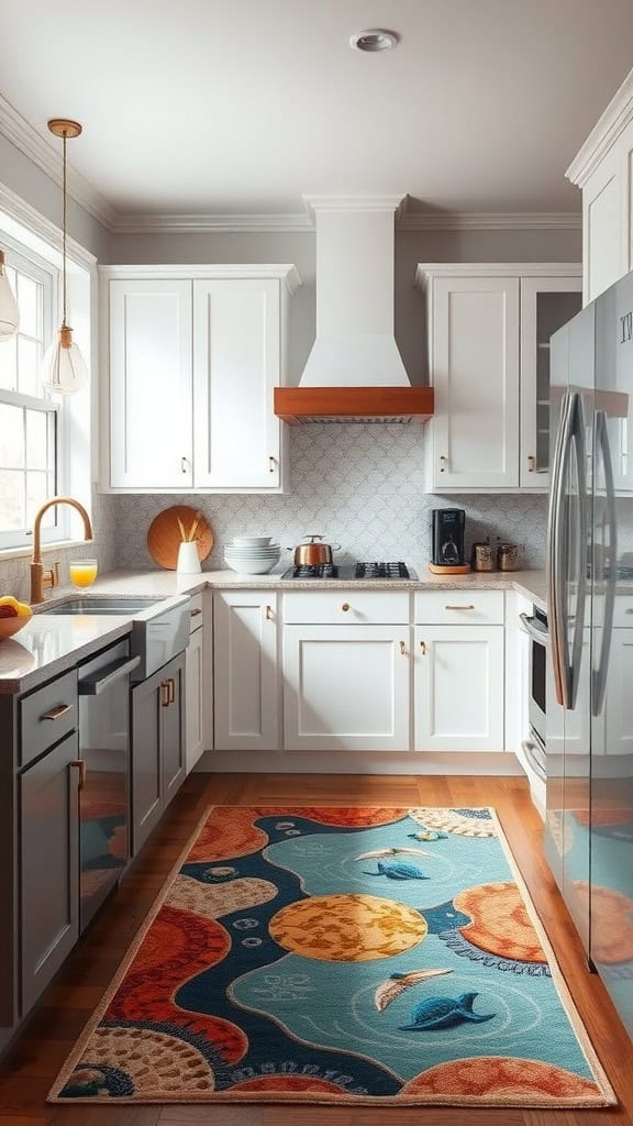 A vibrant coastal rug featuring sea creatures in a modern kitchen setting.