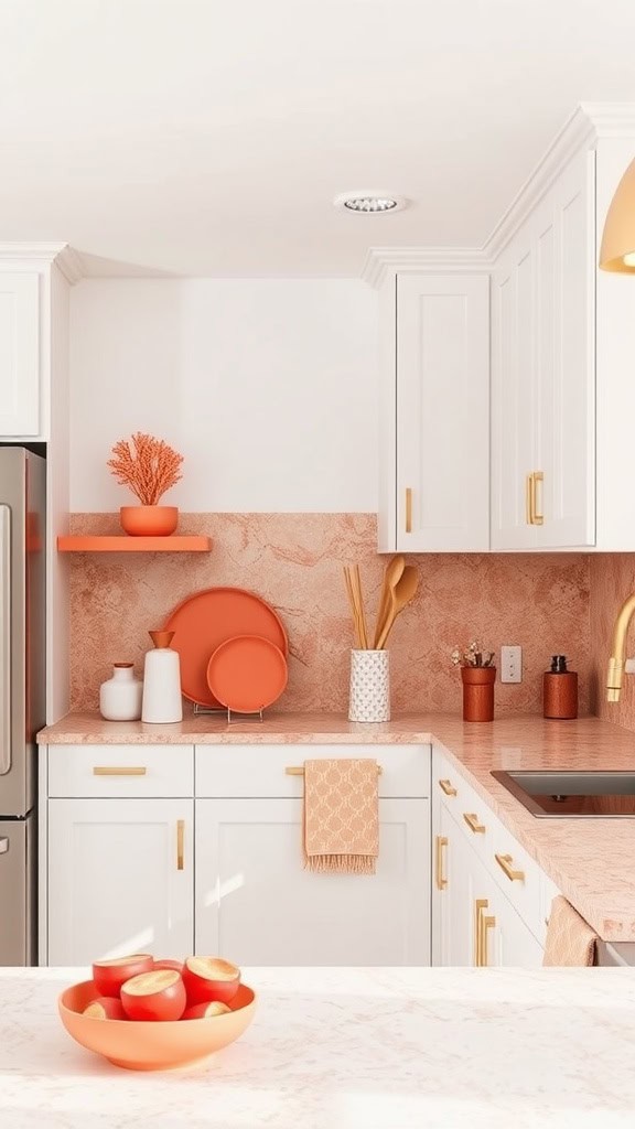 A bright coastal kitchen featuring coral accents with white cabinetry and gold hardware.