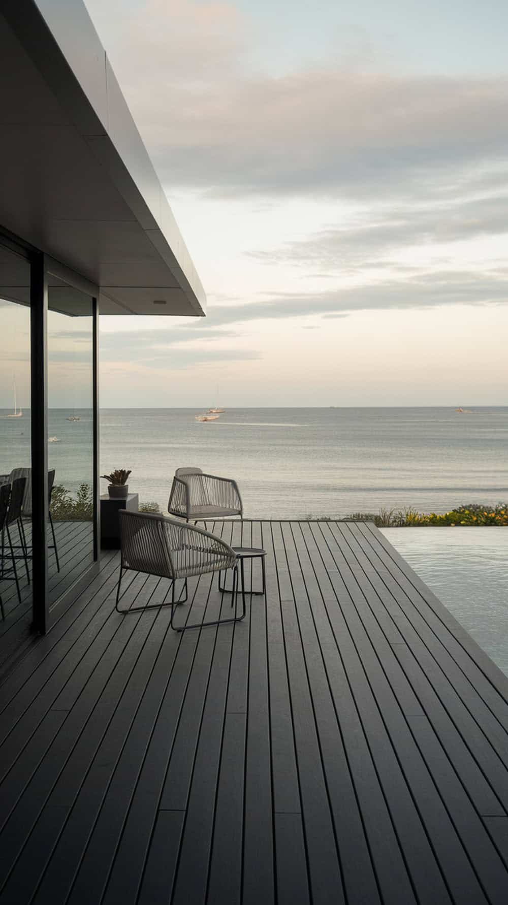 Modern patio with cool charcoal deck overlooking the ocean