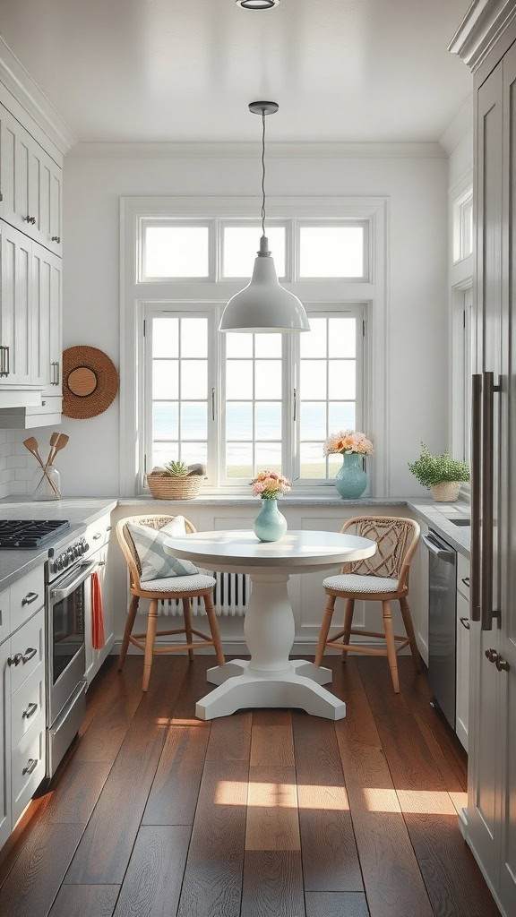A bright breakfast nook with a round table, rattan chairs, and large windows overlooking the coast.