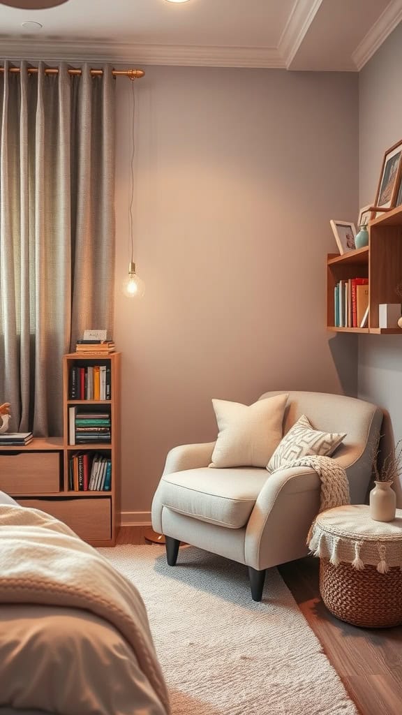Cozy reading corner with a comfortable chair, bookshelf, and warm lighting