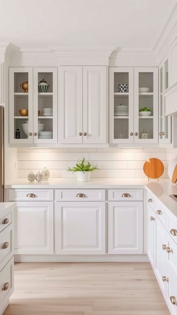 A bright kitchen featuring custom built-in cabinets with glass doors and decorative items.