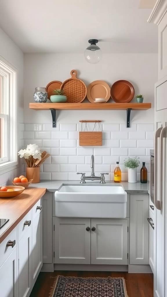 Coastal kitchen featuring a farmhouse sink, open shelving with wooden trays, and potted plants.