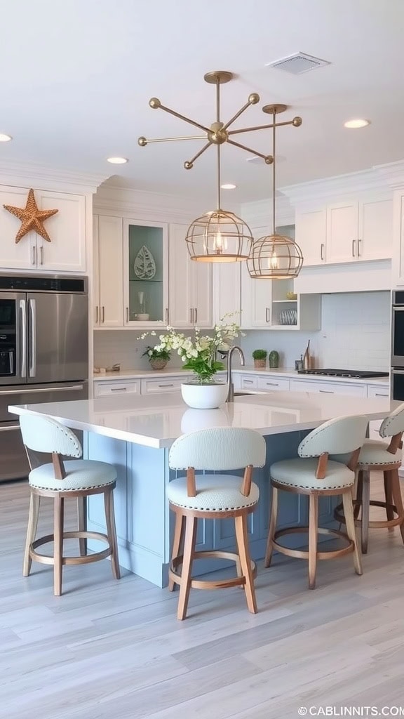 A coastal kitchen island with light blue cabinetry, modern bar stools, and stylish overhead lighting.