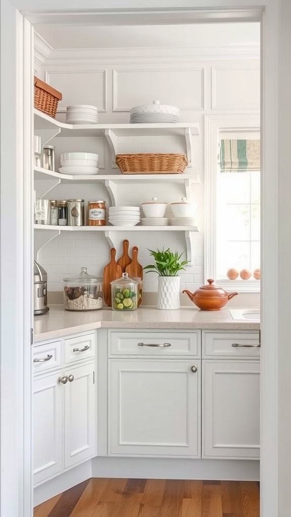 A well-organized functional pantry space with white shelves and cabinets, displaying dishes and jars.