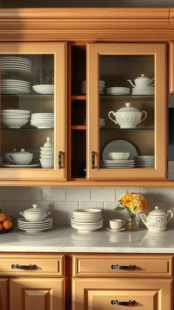 A kitchen with glass cabinet doors showcasing white dishware, with a flower vase and plates on the countertop.