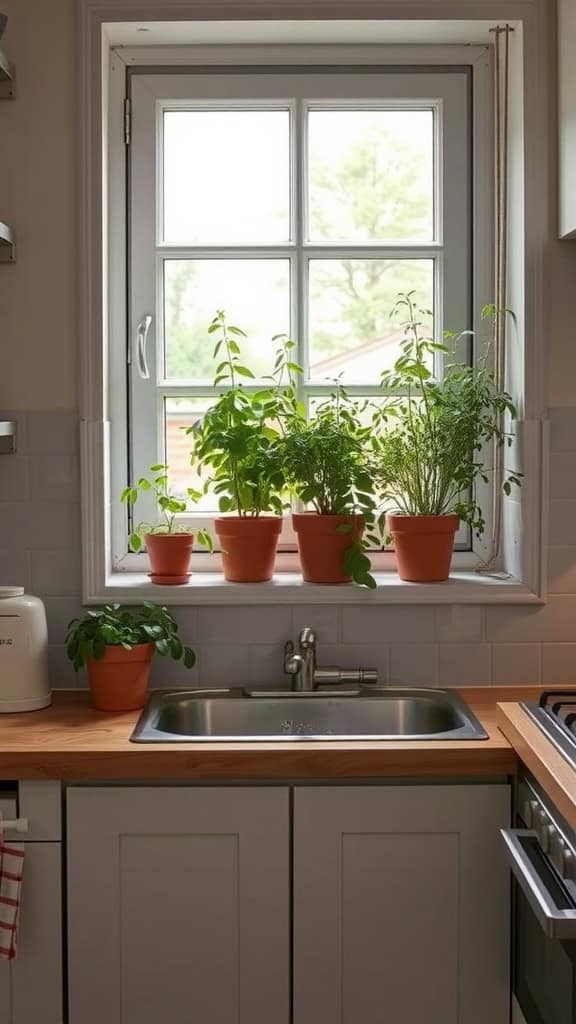 Kitchen window with various potted herbs on the sill, bright and inviting