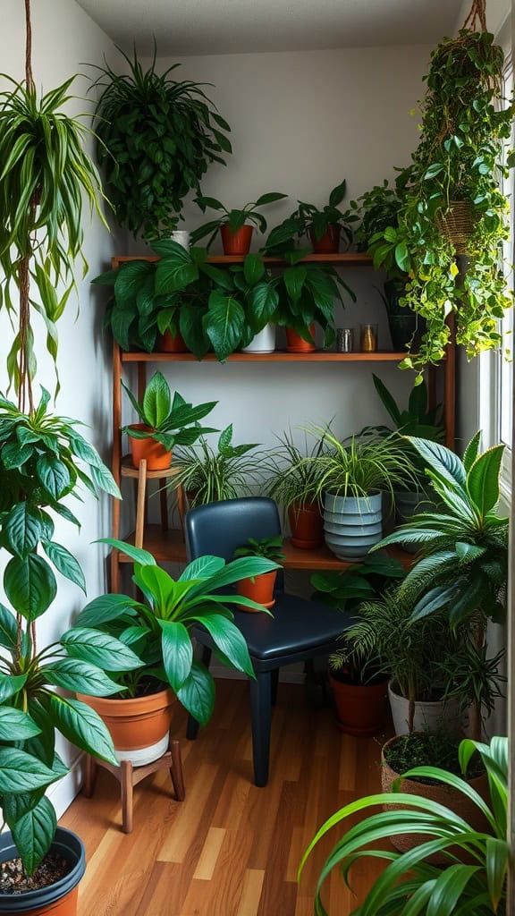 Indoor plants in a cozy corner with a chair and shelves