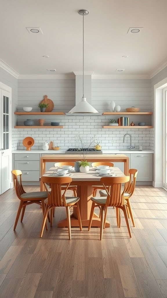 A bright coastal kitchen with wood dining table and chairs, open shelves, and natural light.